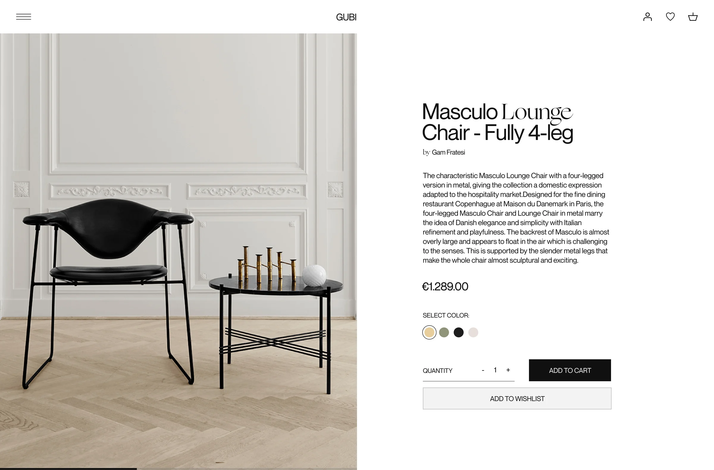Product page showing the black Masculo Lounge Chair beside a side table in a white panelled room, for Gubi.
