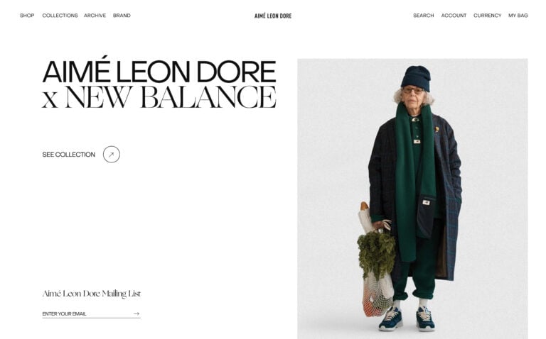 Website homepage for the New Balance collaboration with an older model in green scarf holding a net grocery bag, for Aimé Leon Dore.
