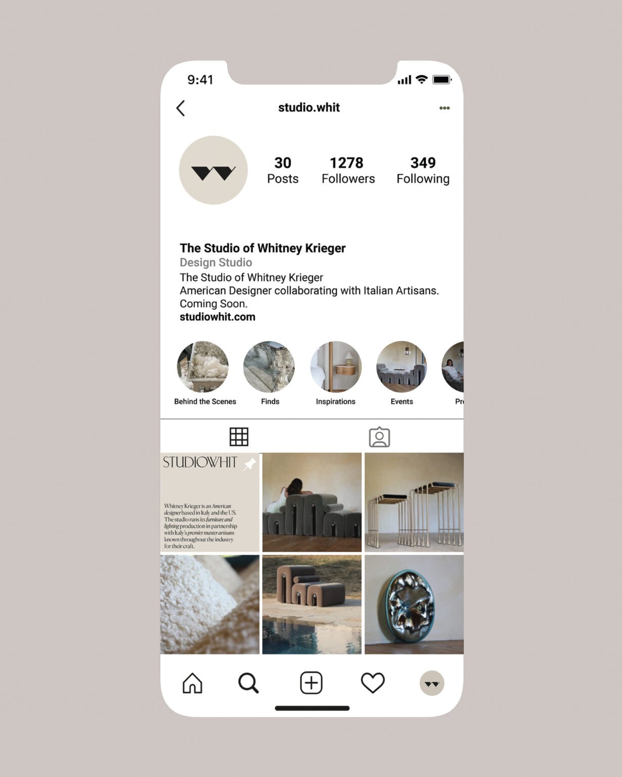 Instagram profile on a phone showing a grid of sculptural furniture posts and story highlights, for Studio Whit.