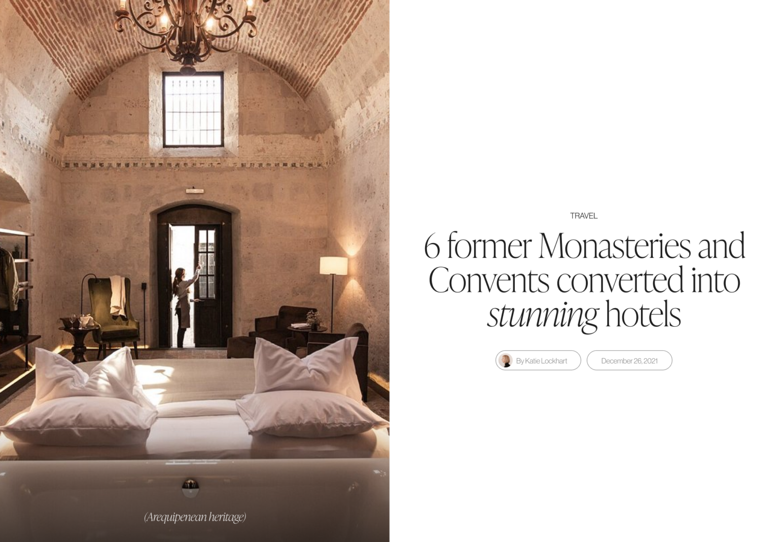 Article layout on converted monastery hotels, with a vaulted stone bedroom photo beside the headline, for Cirqa.