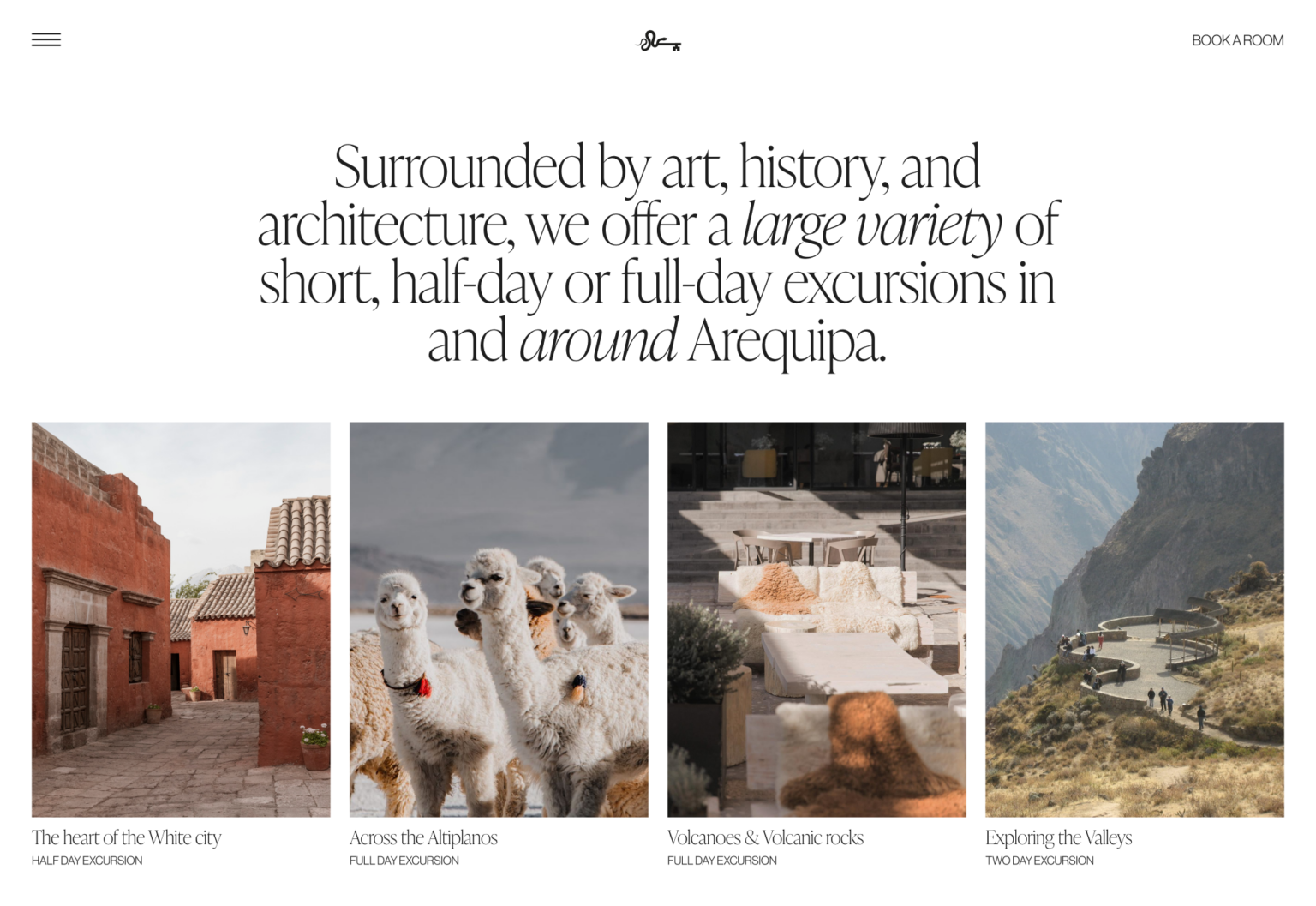 Hotel website page listing Arequipa excursions with photos of red streets, alpacas, a terrace and a canyon, for Cirqa.