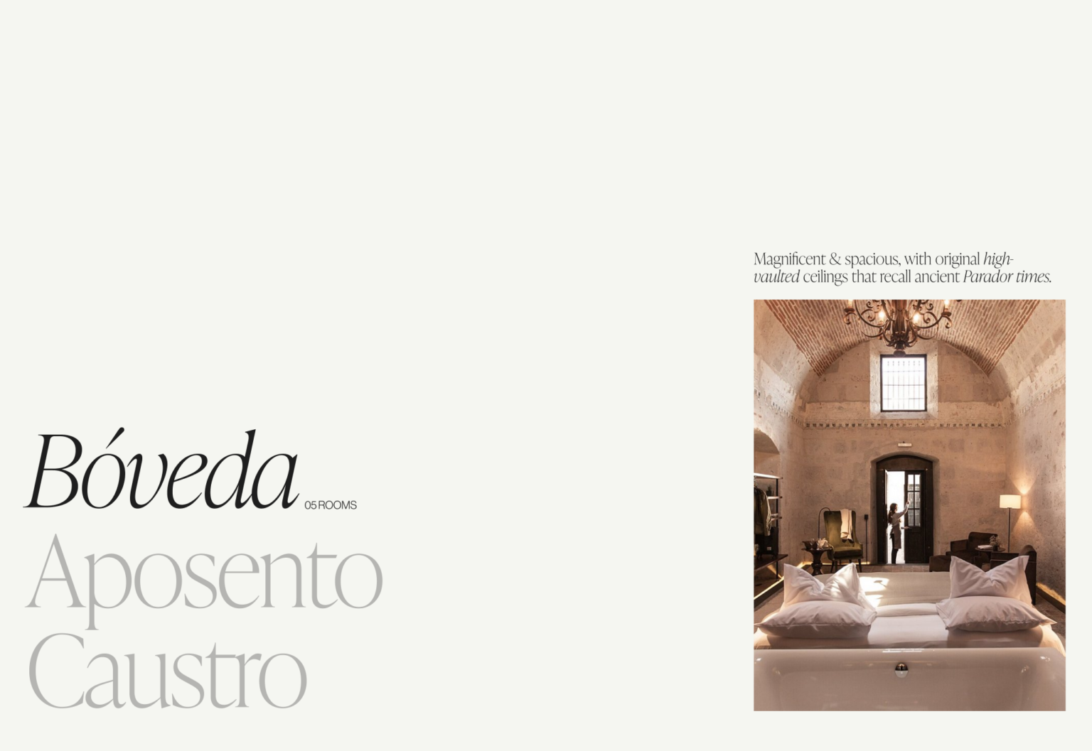 Web layout for the Bóveda rooms with a vaulted stone suite, chandelier and white bed beside serif headings, for Cirqa.