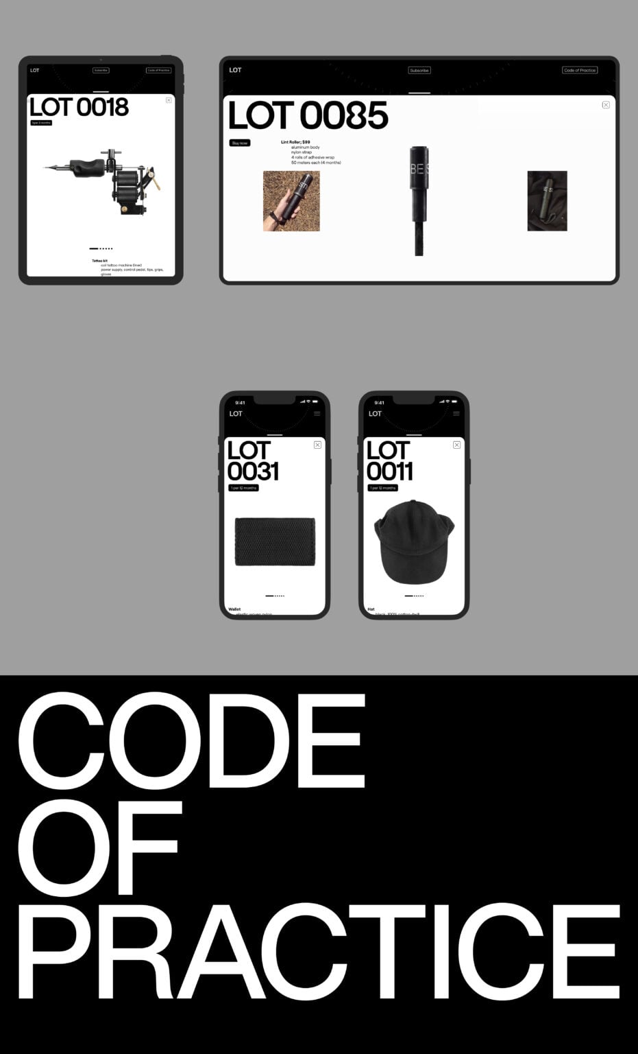Tablet and phone screens showing numbered product pages, a tattoo machine, cap and pouch, above "Code of Practice", for Lot.