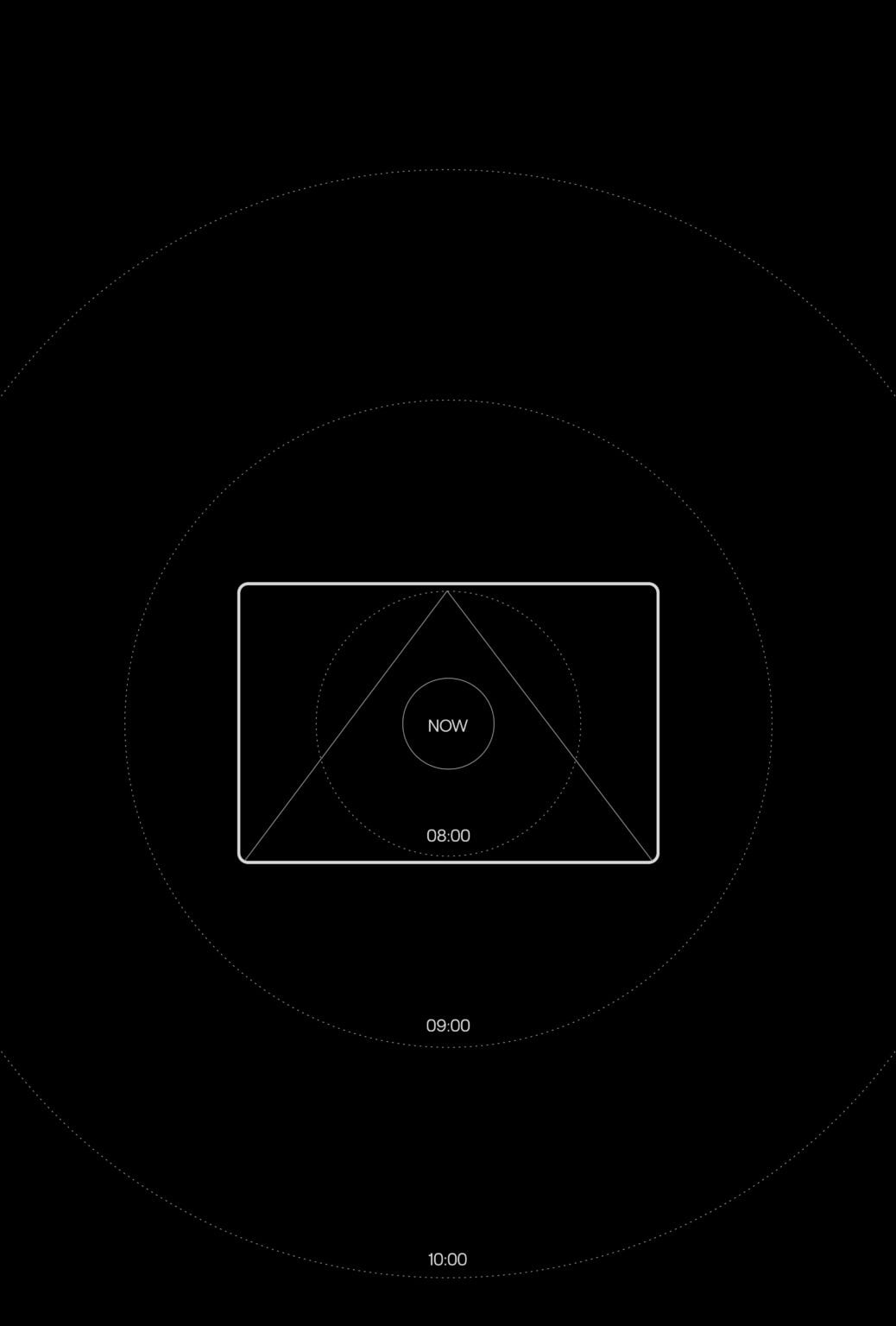 Black app screen with dotted concentric rings marking NOW, 08:00, 09:00 and 10:00 around a framed triangle, for Lot.