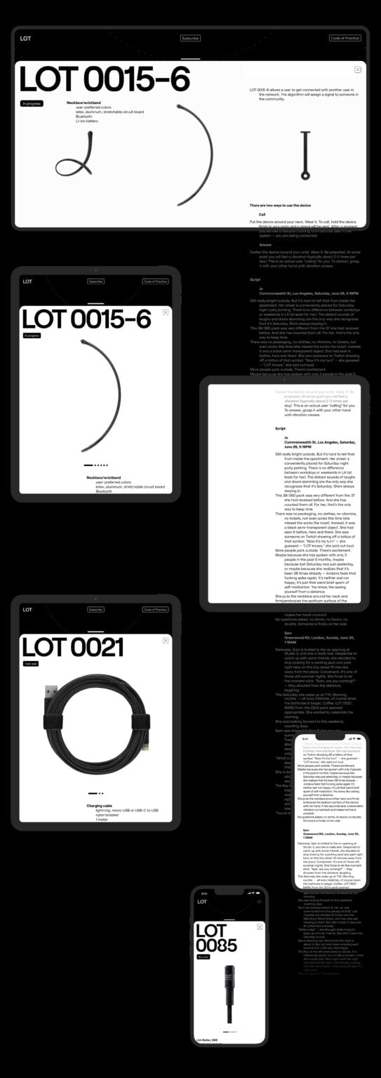 Website screens on desktop, tablet and phone showing product lot pages with cables and large black headings, for Lot.