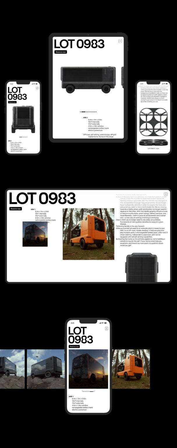 Phone, tablet and desktop screens of the LOT 0983 electric vehicle product page with specs and photos, for Lot.