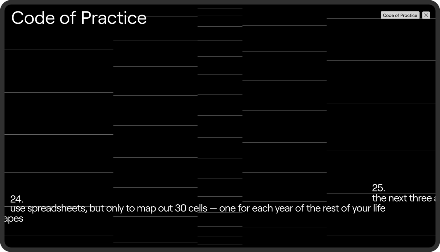 Black web page titled Code of Practice with thin grid lines and numbered rules scrolling across, for Lot.